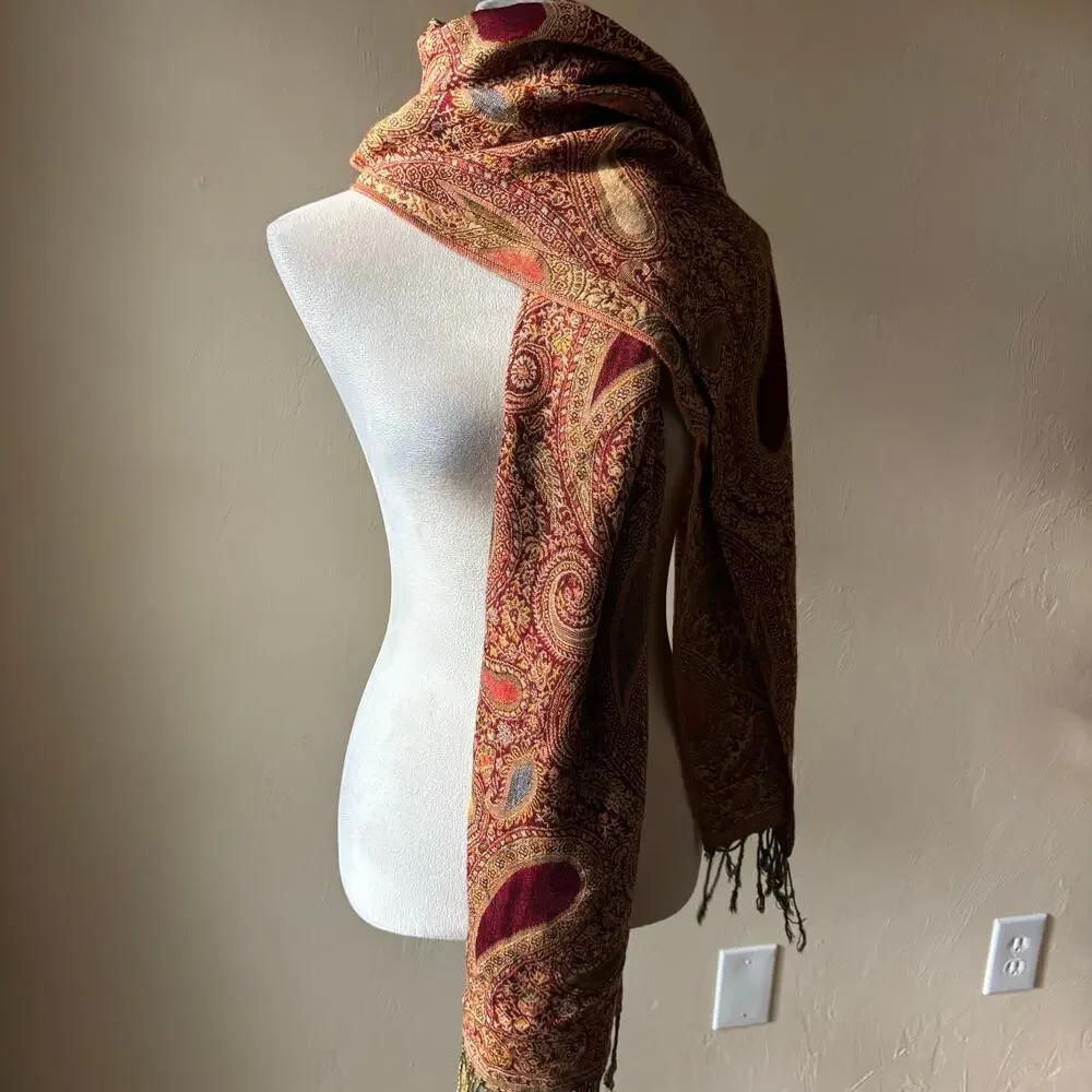 Vintage Paisley Shawl Scarf Burgundy Gold Boho Lagenlook Fringed Wrap